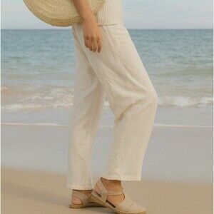 Linen Viscose Wide Leg Pants 6 High Waisted White Elastic Waist Pull On Beachy